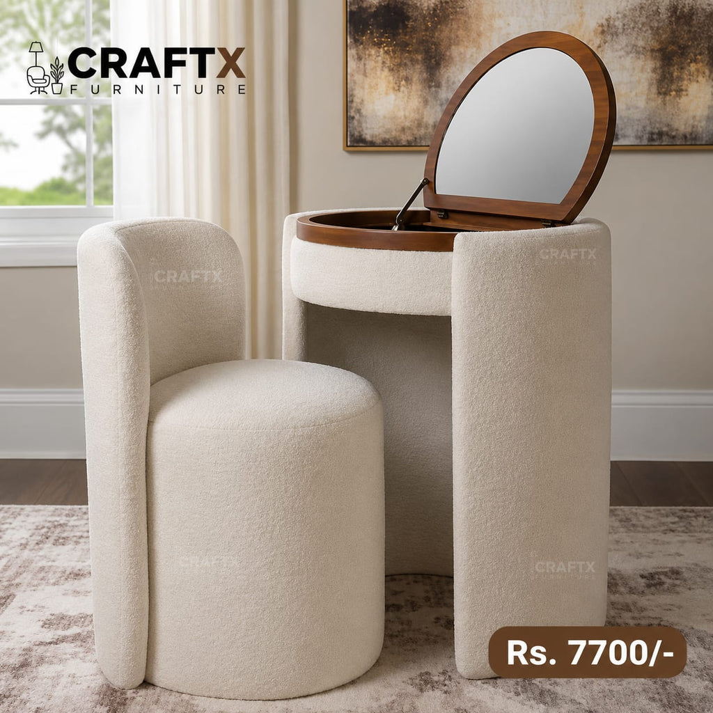 CraftX Luxury Bouclé Vanity Set with Hidden Mirror Stool – Modern Makeup Table