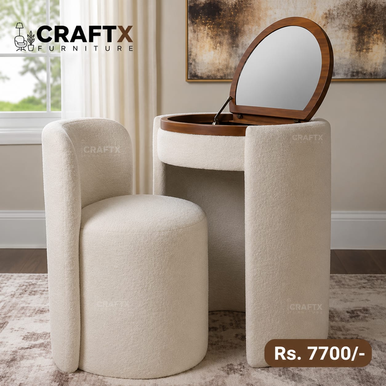 CraftX Luxury Bouclé Vanity Set with Hidden Mirror Stool – Modern Makeup Table