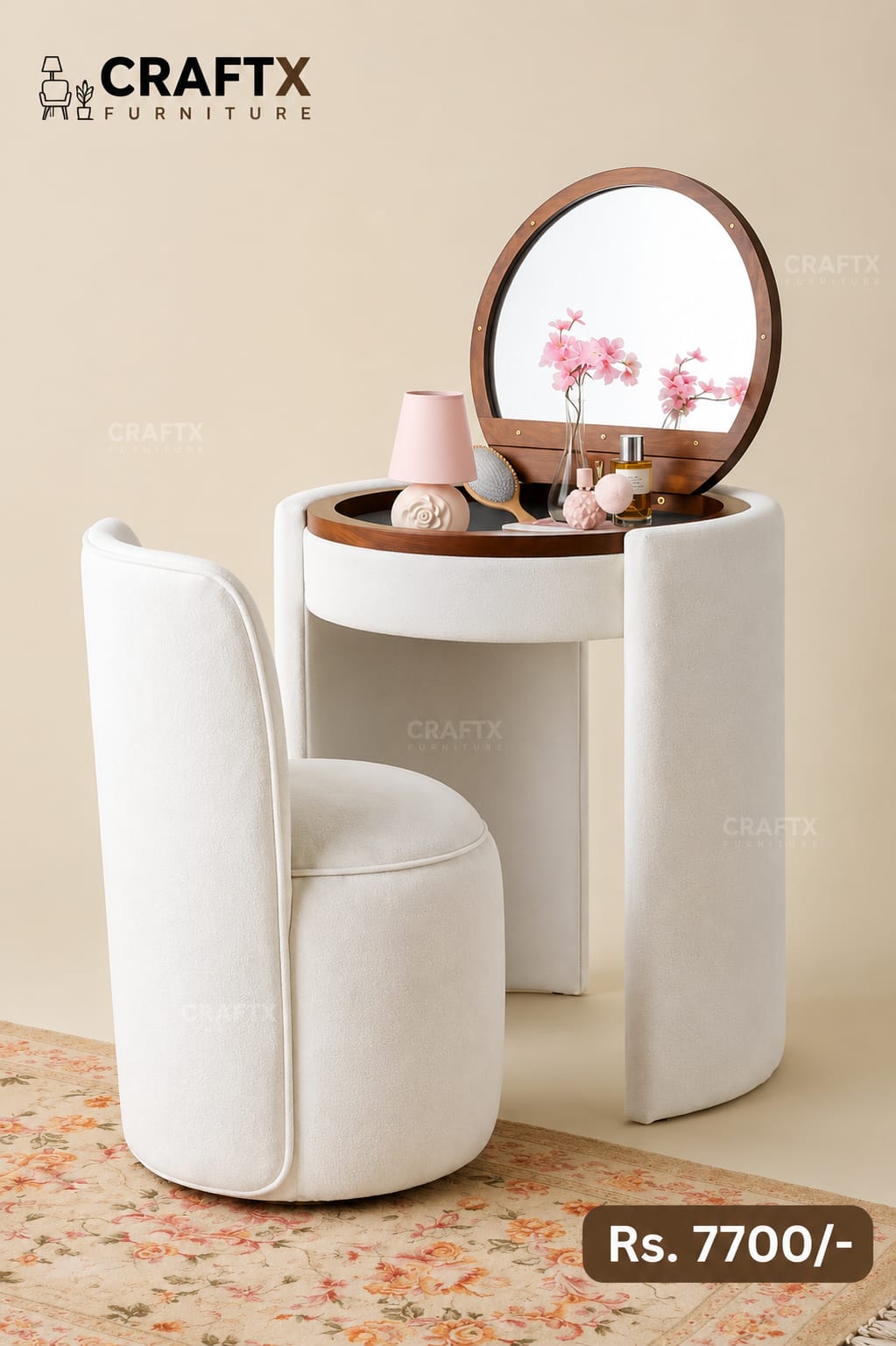 CraftX Luxury Bouclé Vanity Set with Hidden Mirror Stool – Modern Makeup Table