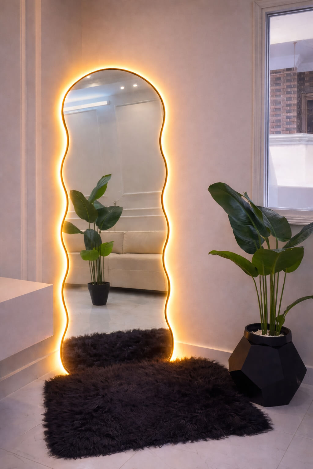 Craftx Furniture™ AuraWave LED Full-Length Mirror | Irregular Designer Floor Mirror with Warm Ambient Glow