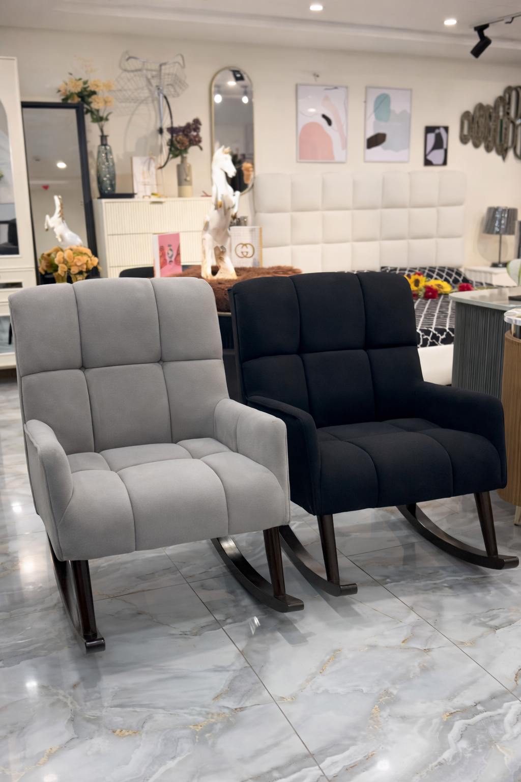 Craftx™ Rocking Accent Chair – Solid Wood Base | Premium Fabric Upholstery | Modern Comfort