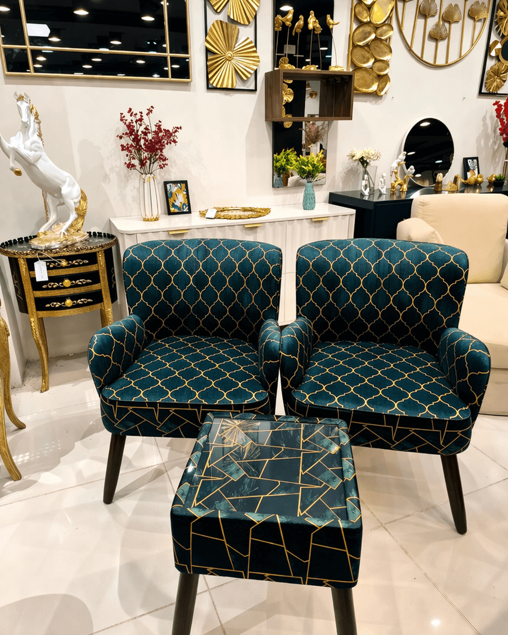 Luxury Accent Chairs Set with Ottoman – Emerald Green Textured Fabric & Gold Design (Set of 3)