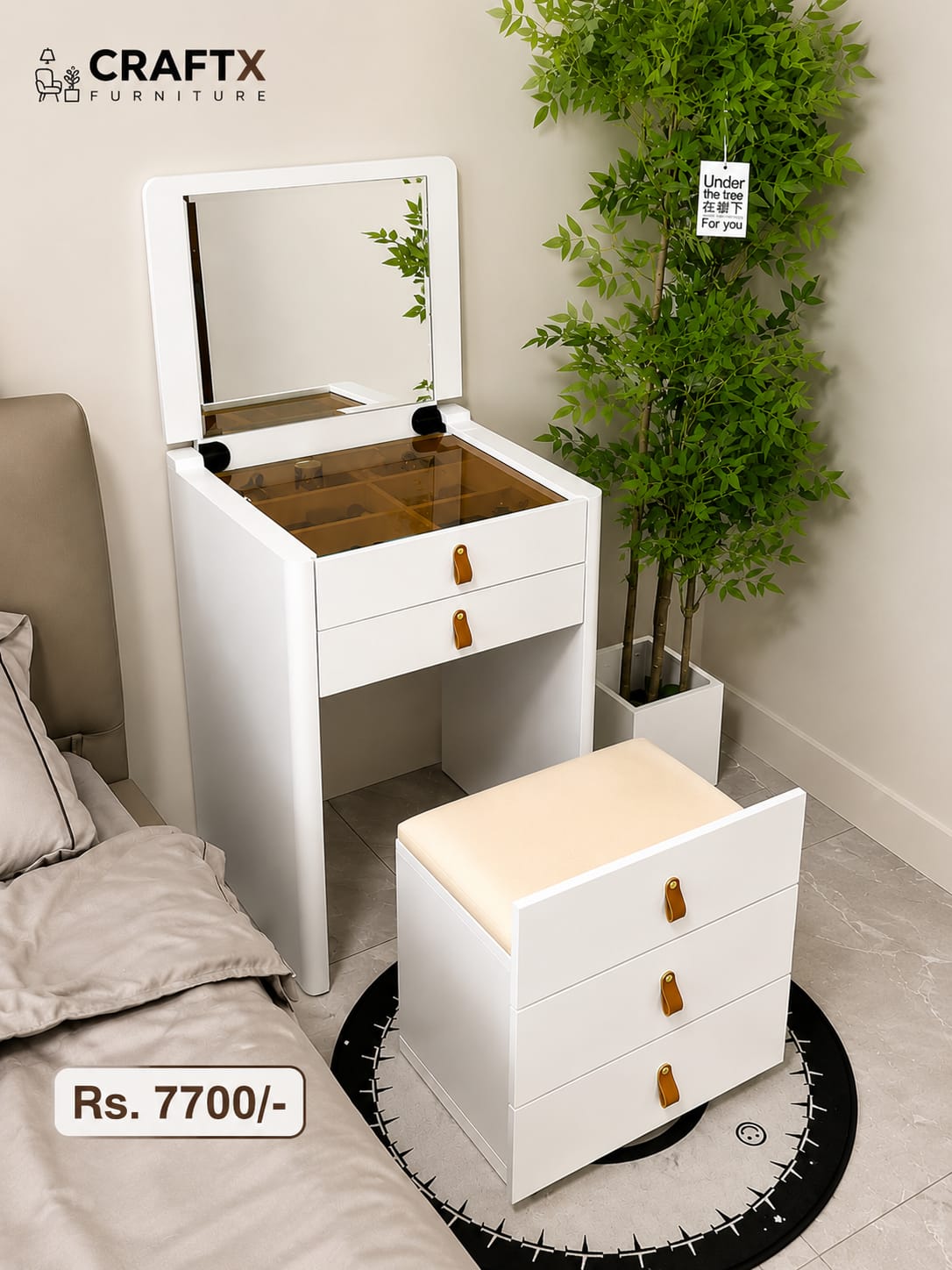 CraftX Modern Vanity Table with Storage Stool & Mirror – Minimal White Dressing Set