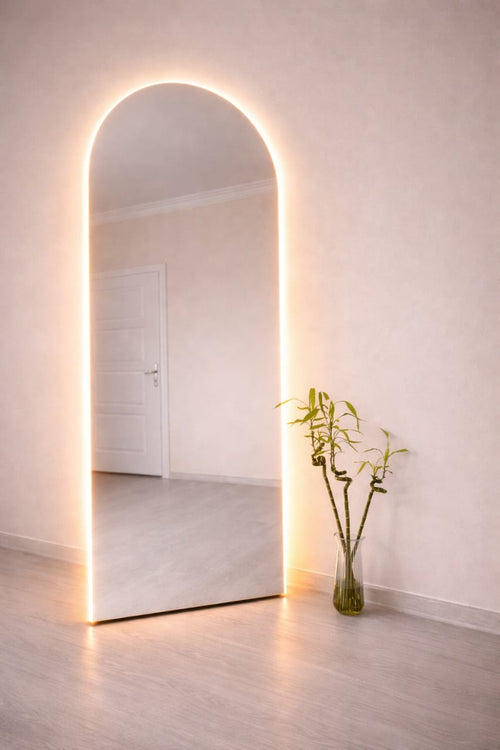 Craftx Furniture™ — 6×2 ft Black Luxe Arched Floor Mirror with Ambient Glow