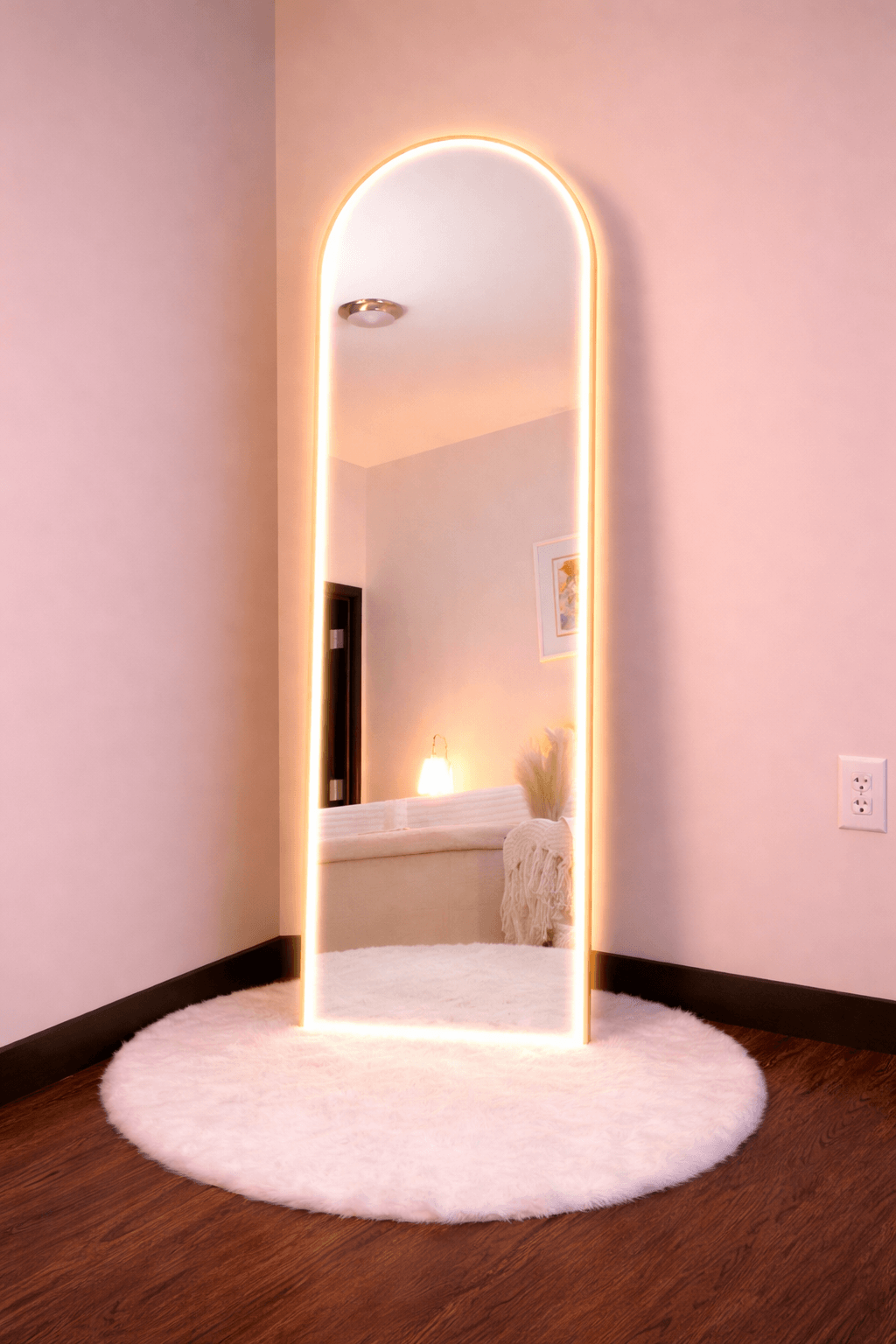 Craftx Furniture™ ArchGlow 6×2 Ft Full-Length Mirror | Wooden Frame Arched Floor Mirror (With LED & Without LED Options)