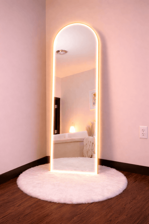 Craftx Furniture™ ArchGlow 6×2 Ft Full-Length Mirror | Wooden Frame Arched Floor Mirror (With LED & Without LED Options)