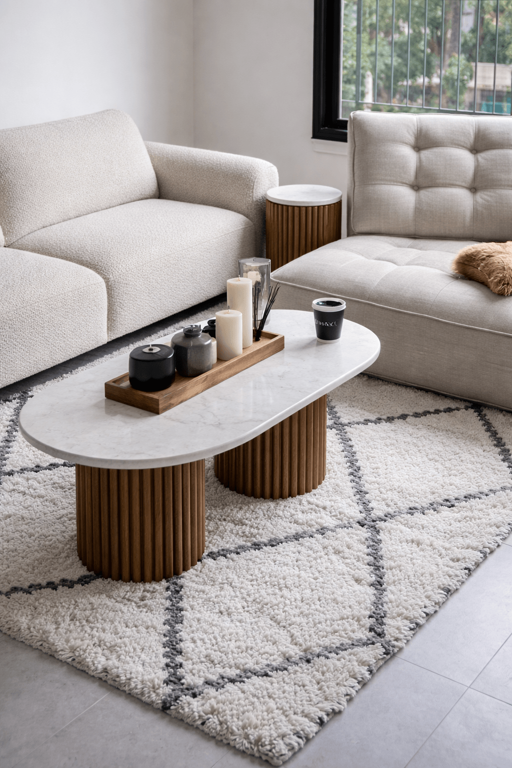 Craftx™ Marble Oval Coffee Table – Fluted Wood Base | 4×2 ft | 20” Height