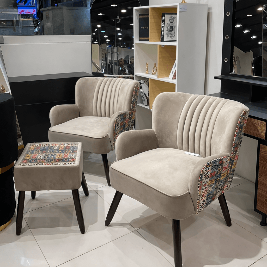 Luxury Accent Chairs Set with Ottoman – Beige Velvet Lounge Seating (Set of 3)