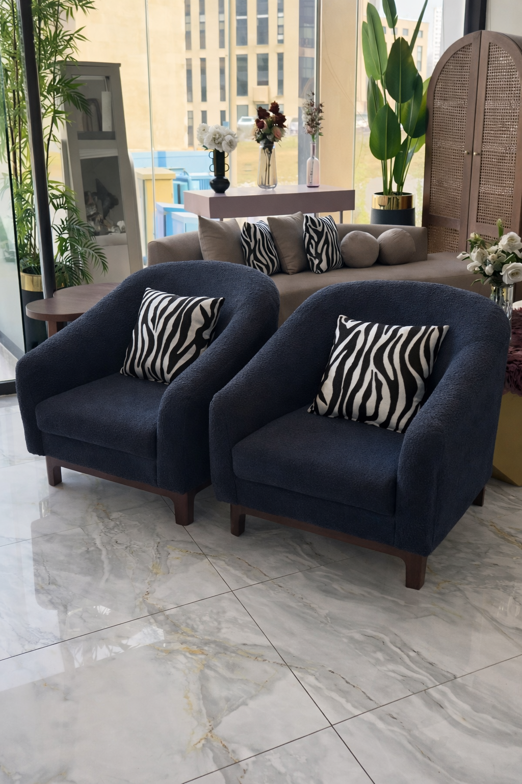 Modern Bouclé Accent Chairs Set – Navy Blue | Premium Lounge Seating (Set of 2)