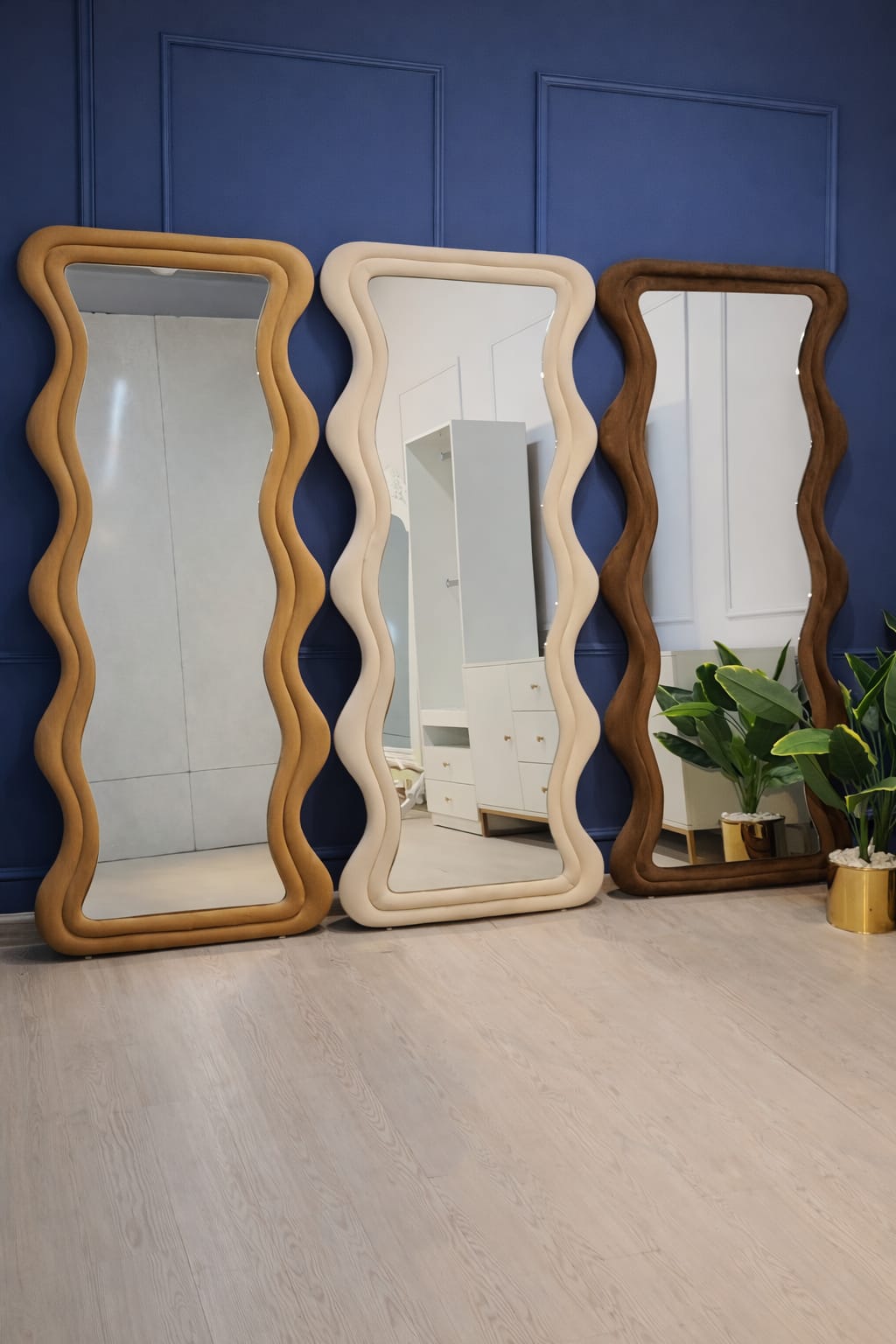 Craftx Premium Wavy Full-Length Mirror – 6ft x 2.5ft | Off White, Brown & Cookie Dough Finish