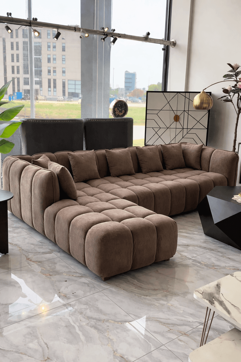 Luxury 6-Seater L-Shaped Tufted Sofa – Modern Modular Sectional (Taupe Brown)