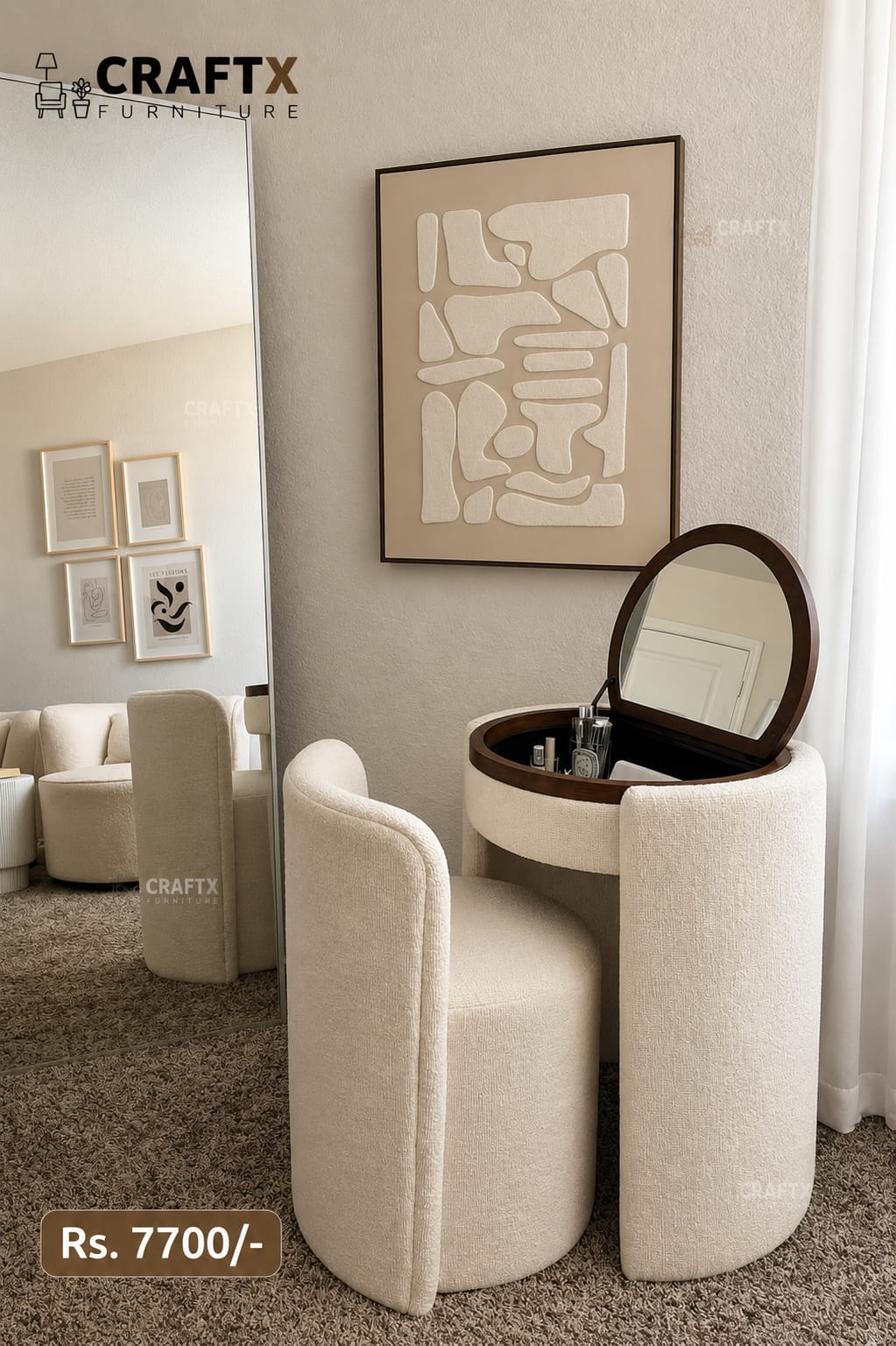 CraftX Luxury Bouclé Vanity Set with Hidden Mirror Stool – Modern Makeup Table