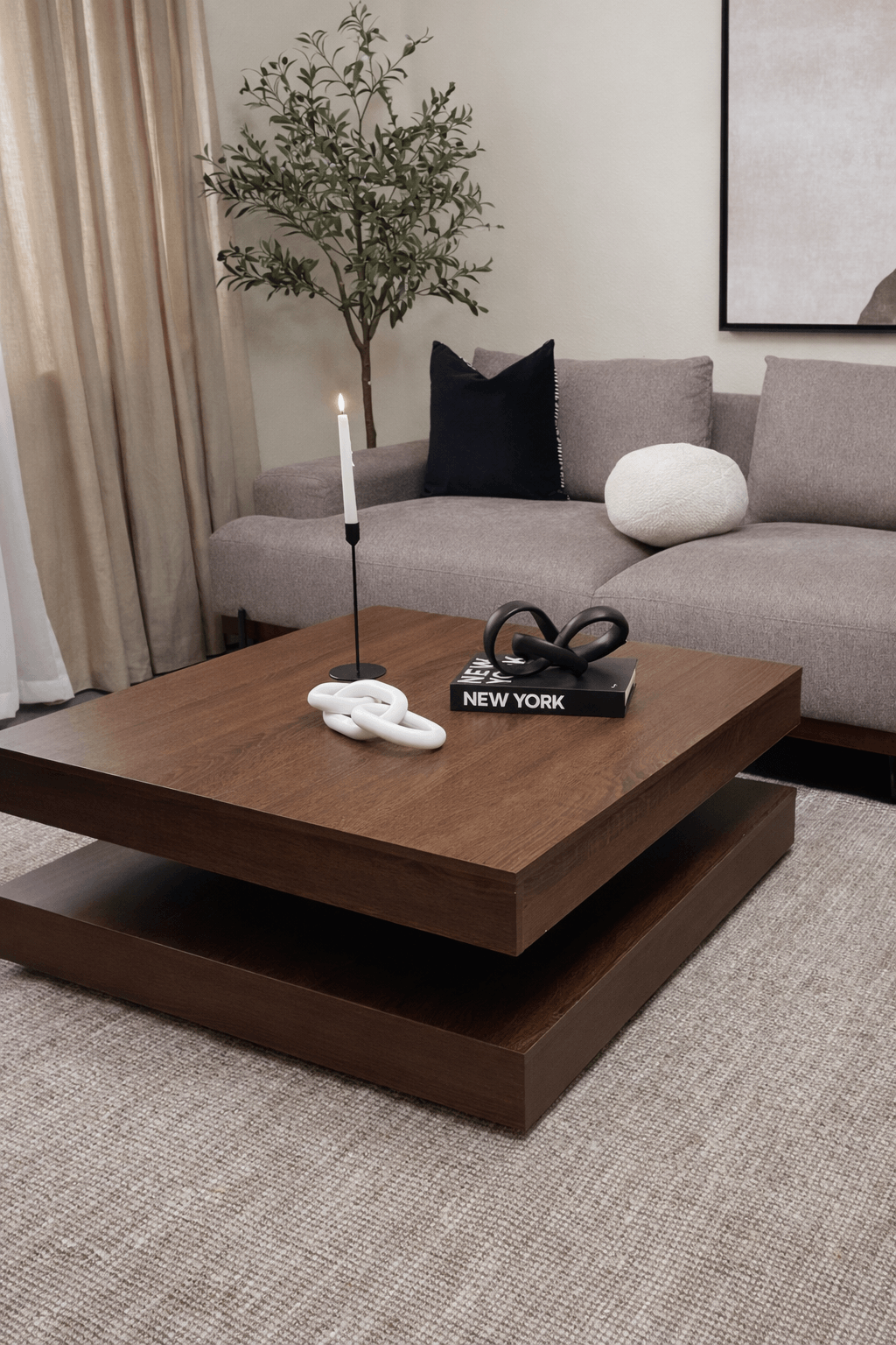 Craftx™ Modern Solid Wood Coffee Table – 3×3 ft | 20” Height | Minimalist Layered Design